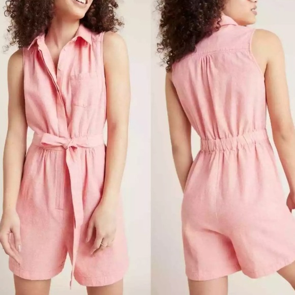 Anthropologie linen blend Peach romper Size 0 - Picture 2 of 4